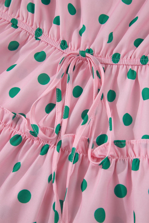 Polka Dot Drawstring Tiered Ruffle Sleeve Babydoll Blouse
