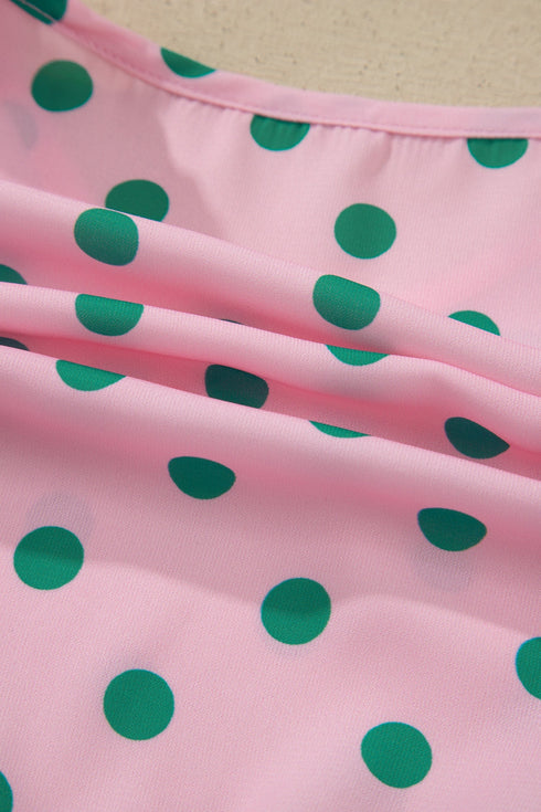 Polka Dot Drawstring Tiered Ruffle Sleeve Babydoll Blouse