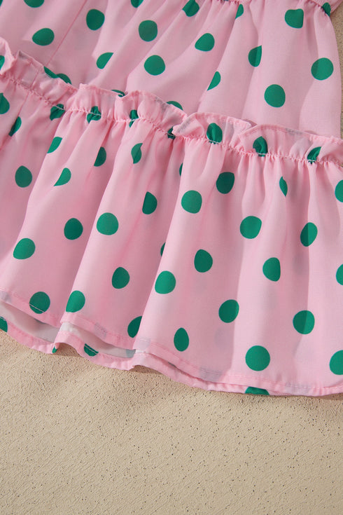 Polka Dot Drawstring Tiered Ruffle Sleeve Babydoll Blouse