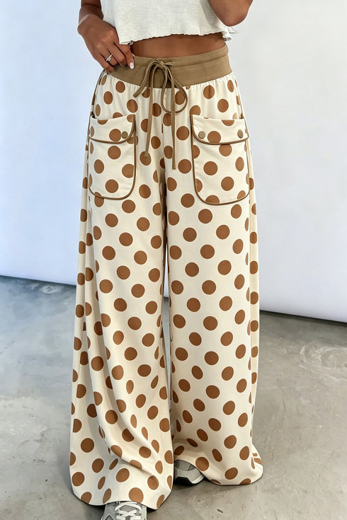 Polka Dot Drawstring Waist Pocket Relaxed Wide Leg Pants