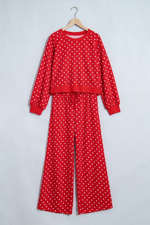 Polka Dot Drawstring Wide Leg Long Sleeve Pant Set
