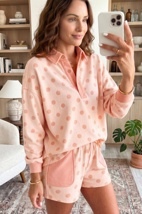 Polka Dot Drop Shoulder Polo Pullover Patch Pocket Shorts Set