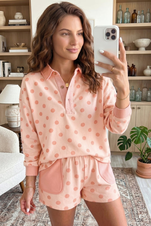 Polka Dot Drop Shoulder Polo Pullover Patch Pocket Shorts Set