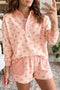 Polka Dot Drop Shoulder Polo Pullover Patch Pocket Shorts Set