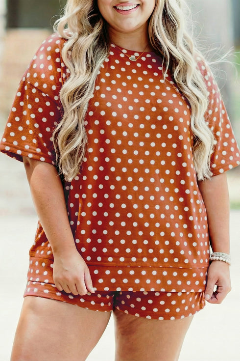 Polka Dot Dropped Shoulder Tee Matching Loungewear Set