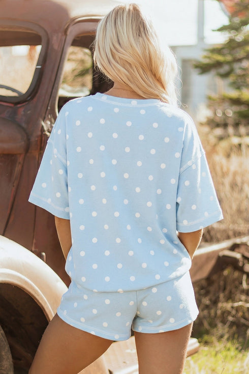 Polka Dot Exposed Seam Loose Tee Drawstring Short Set