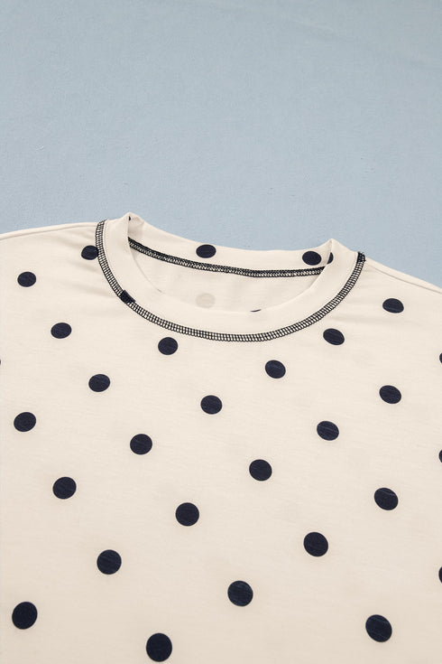 Polka Dot Exposed Seam Loose Tee Drawstring Short Set