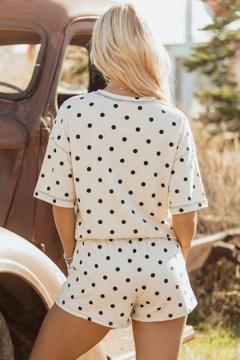 Polka Dot Exposed Seam Loose Tee Drawstring Short Set