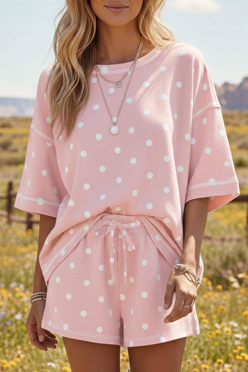 Polka Dot Exposed Seam Loose Tee Drawstring Short Set