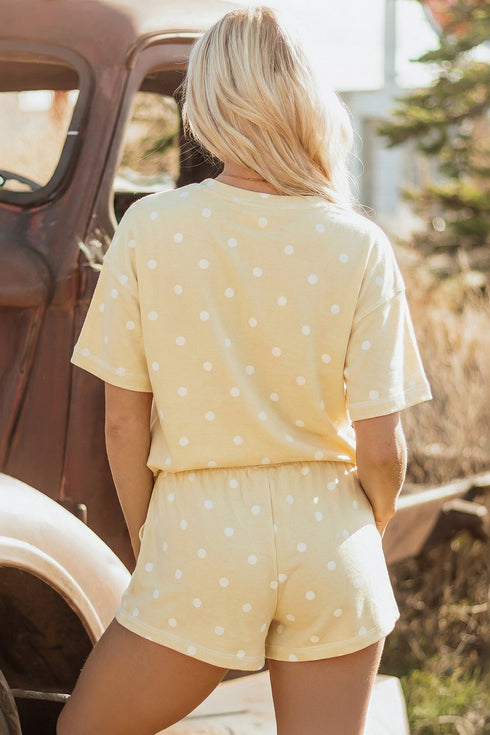 Polka Dot Exposed Seam Loose Tee Drawstring Short Set