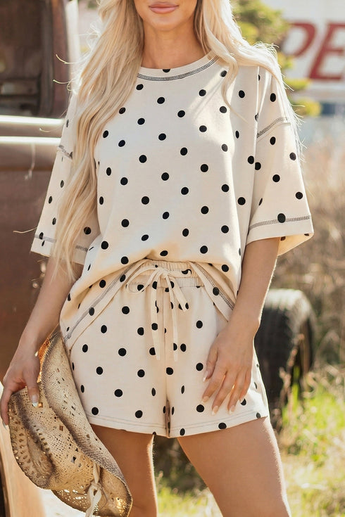 Polka Dot Exposed Seam Loose Tee Drawstring Short Set
