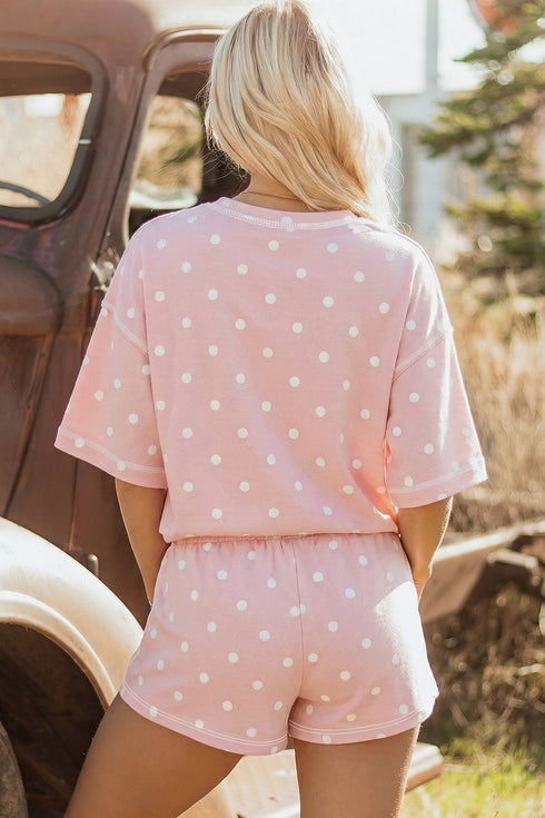Polka Dot Exposed Seam Loose Tee Drawstring Short Set