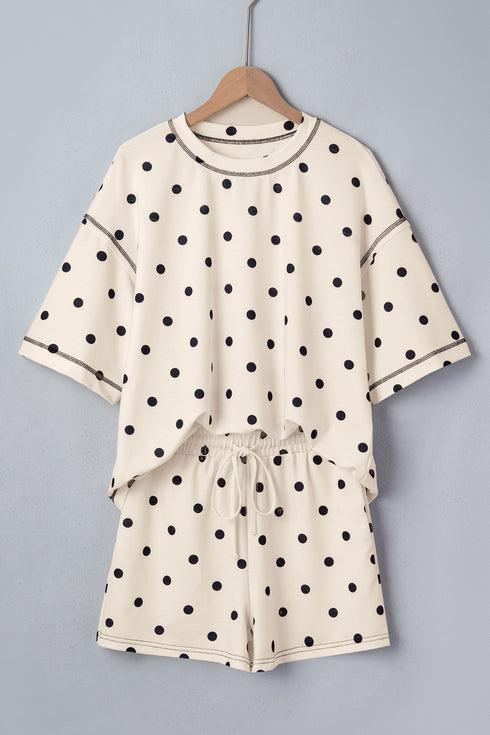 Polka Dot Exposed Seam Loose Tee Drawstring Short Set