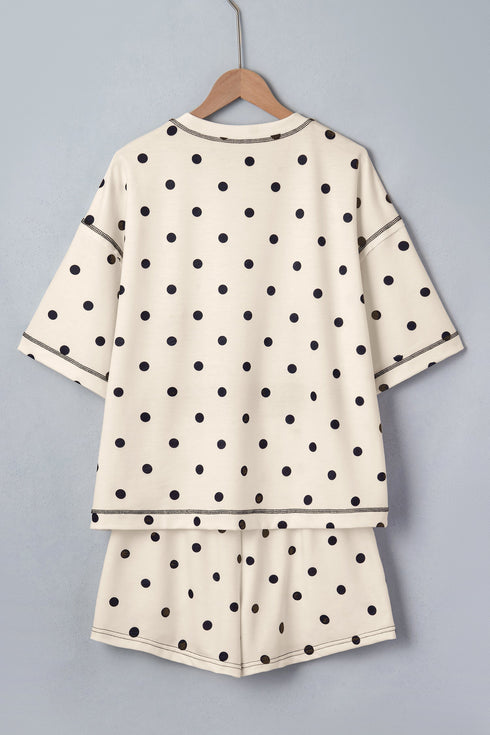 Polka Dot Exposed Seam Loose Tee Drawstring Short Set