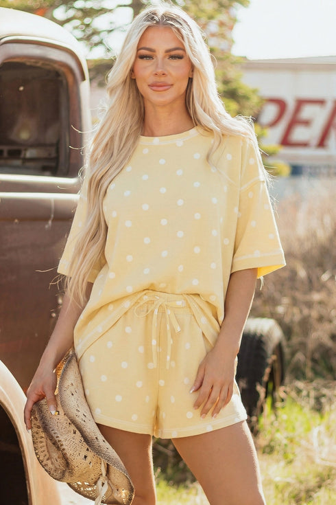 Polka Dot Exposed Seam Loose Tee Drawstring Short Set