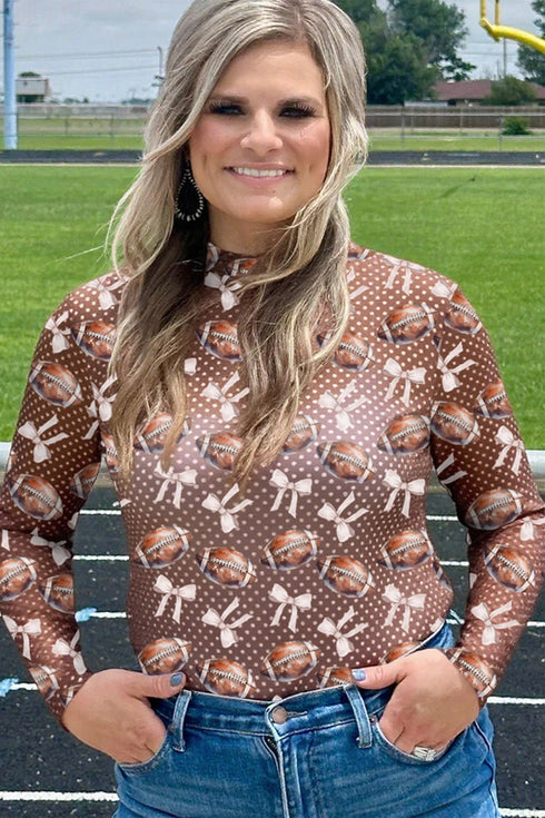 Polka Dot Football Print Bow Sheer Mesh Long Sleeve Top