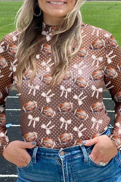 Polka Dot Football Print Bow Sheer Mesh Long Sleeve Top