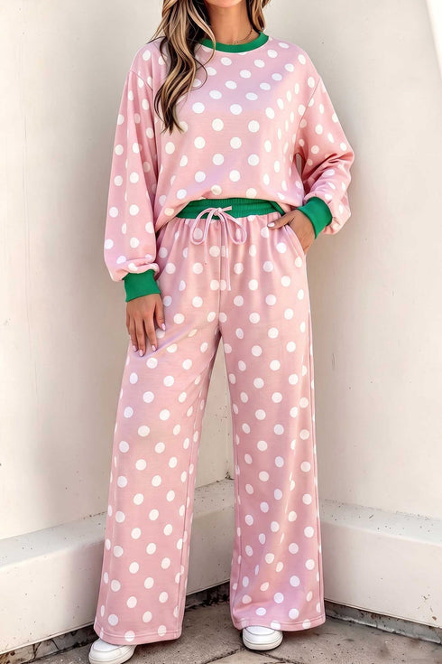 Polka Dot Framed Trim Long Sleeve Drawstring Shift Pant Set