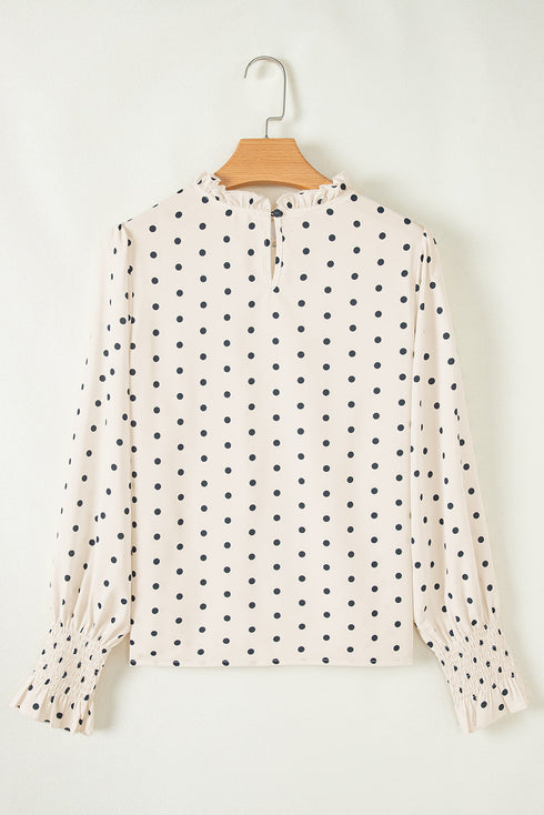Polka Dot Frilled Stand Collar Lantern Sleeve Blouse