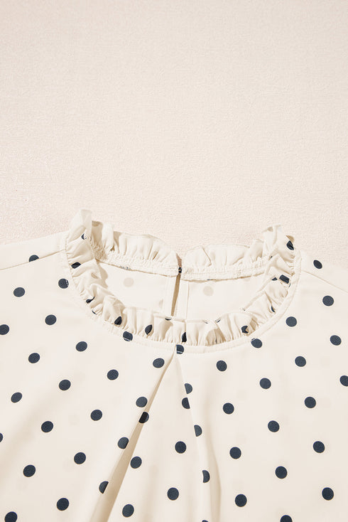 Polka Dot Frilled Stand Collar Lantern Sleeve Blouse
