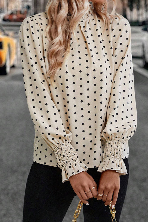 Polka Dot Frilled Stand Collar Lantern Sleeve Blouse