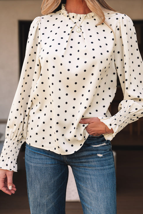Polka Dot Frilled Stand Collar Lantern Sleeve Blouse