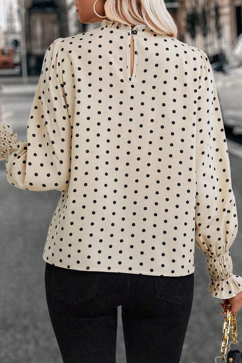 Polka Dot Frilled Stand Collar Lantern Sleeve Blouse