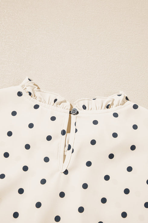 Polka Dot Frilled Stand Collar Lantern Sleeve Blouse