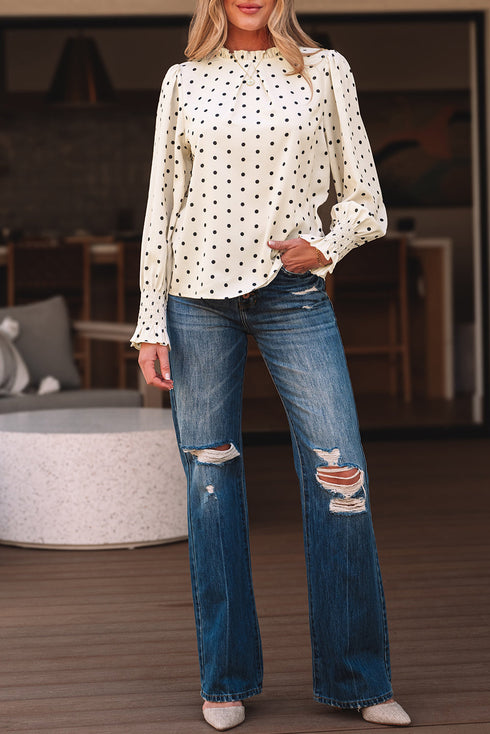 Polka Dot Frilled Stand Collar Lantern Sleeve Blouse