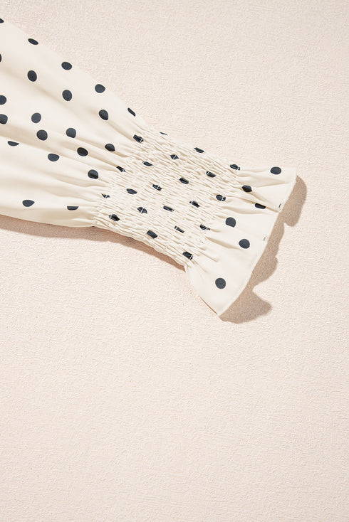 Polka Dot Frilled Stand Collar Lantern Sleeve Blouse