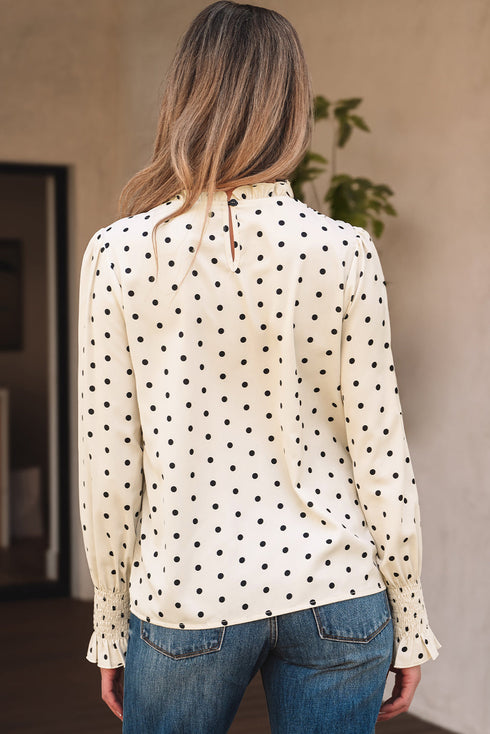 Polka Dot Frilled Stand Collar Lantern Sleeve Blouse