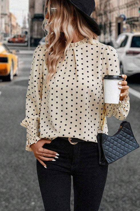 Polka Dot Frilled Stand Collar Lantern Sleeve Blouse