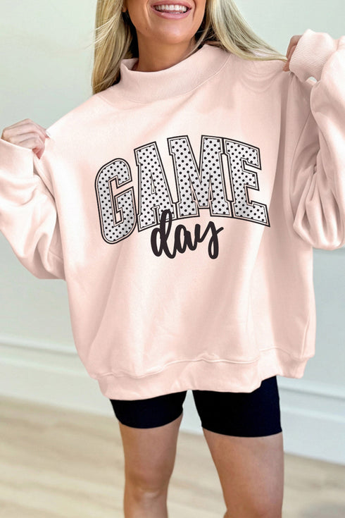 Polka Dot Game Day Slogan Baggy Mock Neck Sweatshirt