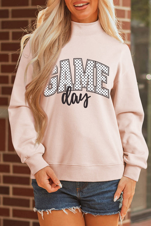 Polka Dot Game Day Slogan Baggy Mock Neck Sweatshirt