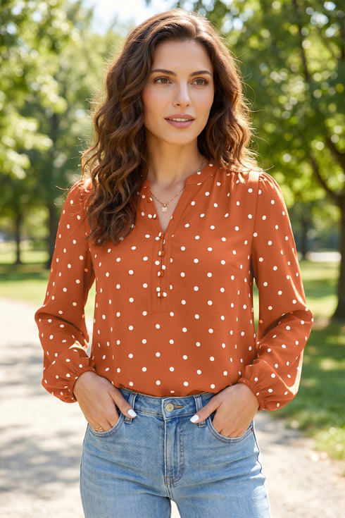 Polka Dot Half Button V Neck Long Sleeve Blouse