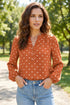 Polka Dot Half Button V Neck Long Sleeve Blouse