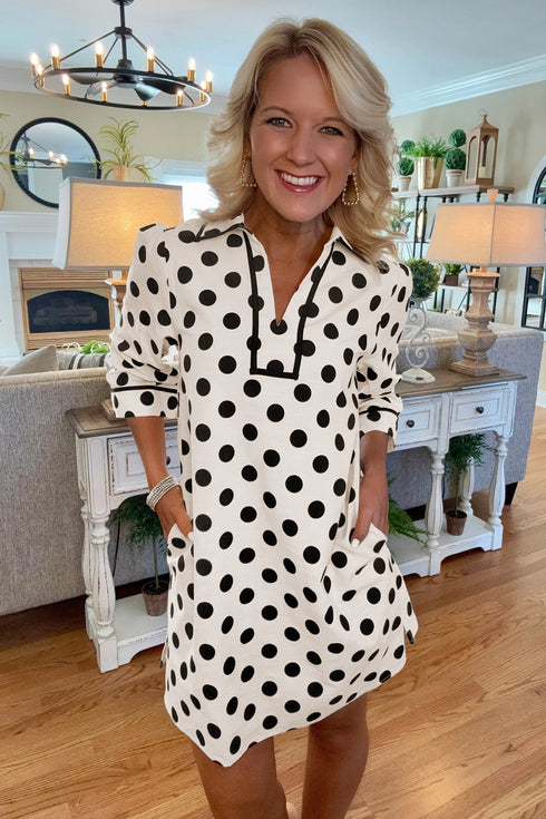 Polka Dot Half Sleeve Collar V Neck Pocketed Casual Mini Dress