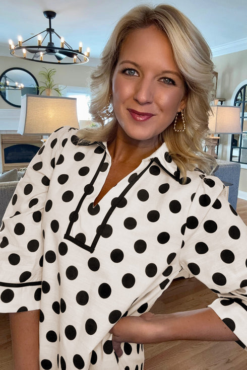 Polka Dot Half Sleeve Collar V Neck Pocketed Casual Mini Dress