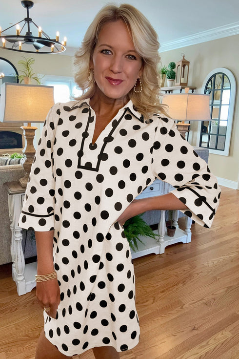 Polka Dot Half Sleeve Collar V Neck Pocketed Casual Mini Dress