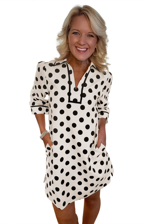 Polka Dot Half Sleeve Collar V Neck Pocketed Casual Mini Dress