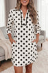 Polka Dot Half Sleeve Collar V Neck Pocketed Casual Mini Dress