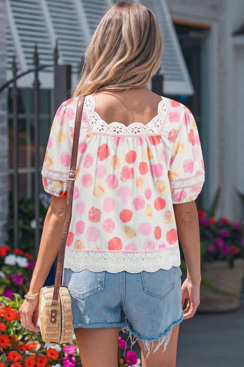 Polka Dot Lace Trim Square Neck Puff Sleeve Blouse