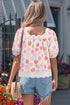 Polka Dot Lace Trim Square Neck Puff Sleeve Blouse