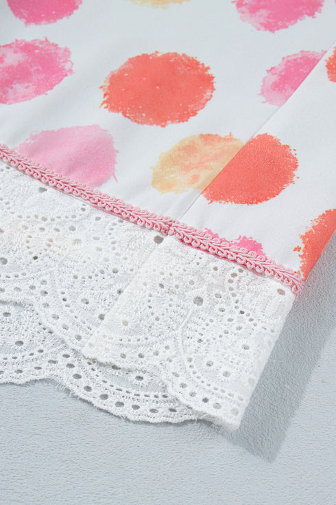 Polka Dot Lace Trim Square Neck Puff Sleeve Blouse
