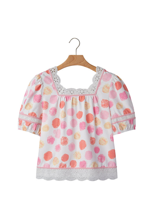 Polka Dot Lace Trim Square Neck Puff Sleeve Blouse