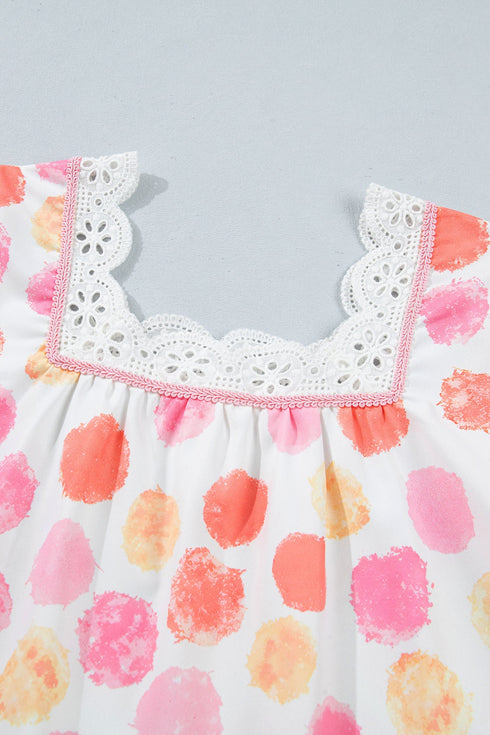 Polka Dot Lace Trim Square Neck Puff Sleeve Blouse