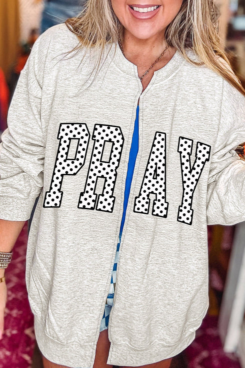 Polka Dot Lettering Graphic Open Front Sweatshirt