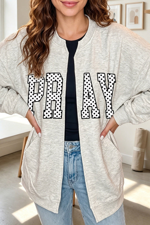 Polka Dot Lettering Graphic Open Front Sweatshirt