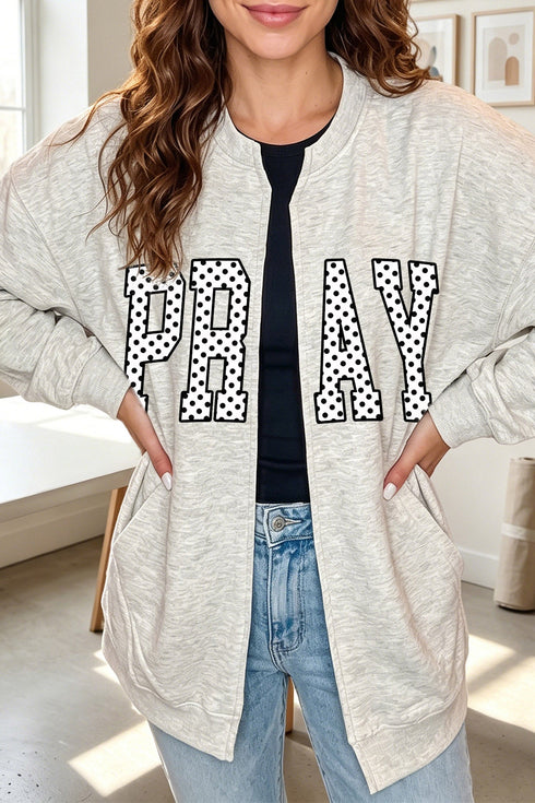 Polka Dot Lettering Graphic Open Front Sweatshirt