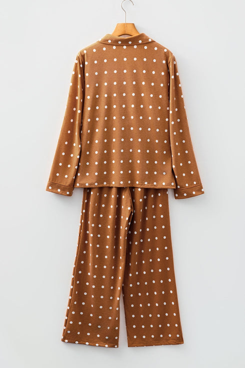 Polka Dot Long Sleeve Button Down Wide Leg Pajama Set